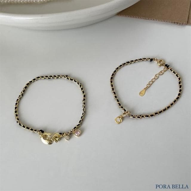 【Porabella】S925純銀山茶花手鍊 黑色細編織手鍊 個性風格 鋯石手鍊 情人節禮物 銀飾 Bracelets