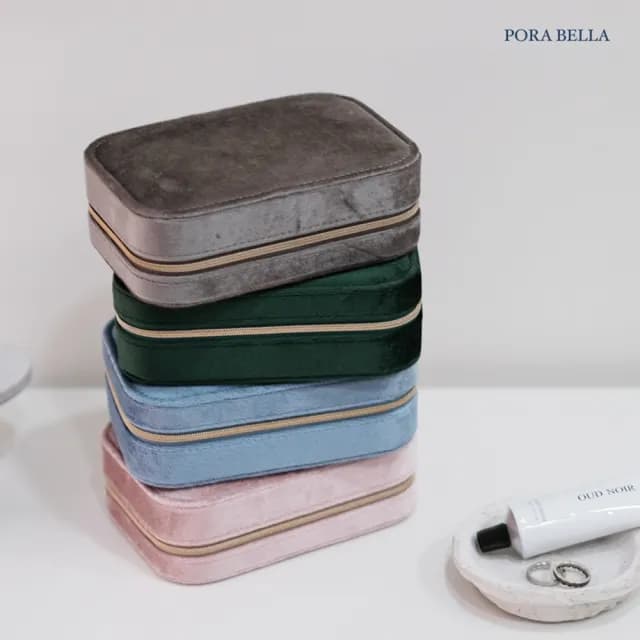 【Porabella】拉鍊絨布皮革首飾盒 旅行旅遊飾品戒指項鍊耳環耳夾收納 飾品收納盒 絨布質感飾品盒