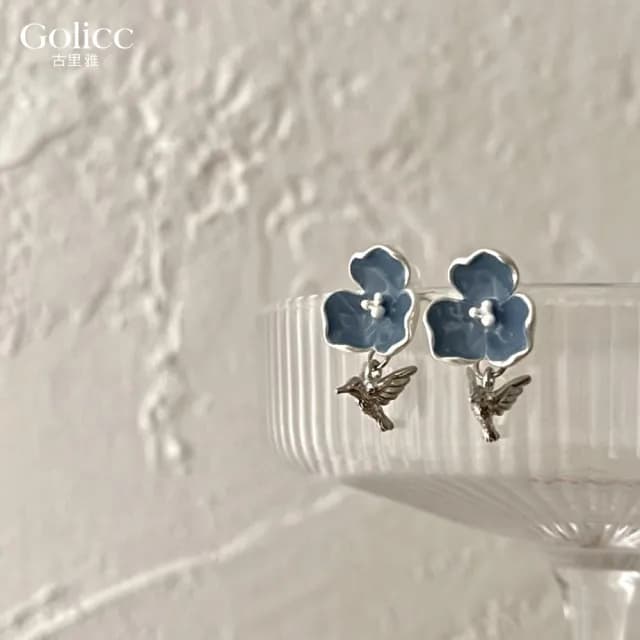 【Golicc】耳環 法式 藍色花朵 小鳥(七夕 情人節 生日 飾品 耳釘 耳飾 耳墜 禮物)