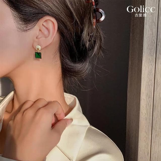 【Golicc】耳環 方形祖母綠 簡約鑲鑽(母親節 生日 情人節 飾品 耳釘 耳飾 耳墜 禮物)