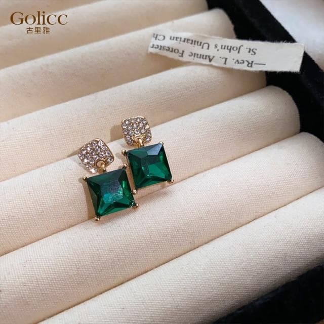 【Golicc】耳環 方形祖母綠 簡約鑲鑽(母親節 生日 情人節 飾品 耳釘 耳飾 耳墜 禮物)