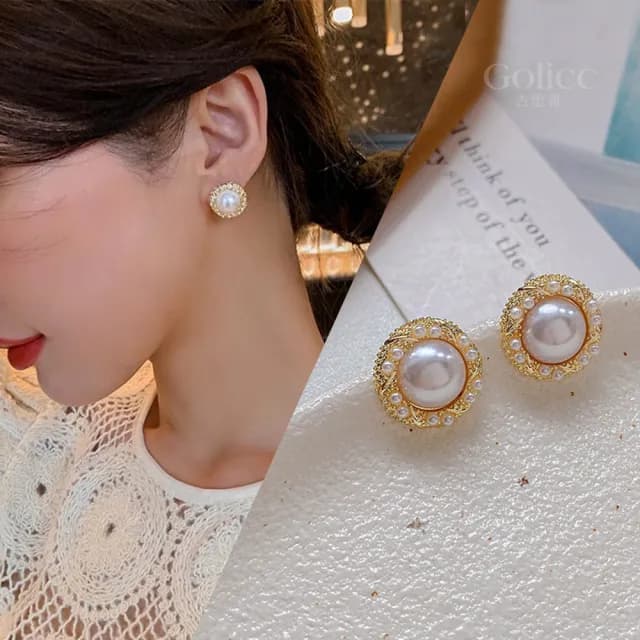 【Golicc】耳環 法式復古 簡約珍珠滾邊(七夕 情人節 生日 飾品 耳釘 耳飾 耳墜 禮物)