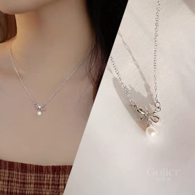 【Golicc】項鍊 簡約氣質 小蝴蝶結珍珠(母親節 生日 情人節 鎖骨鍊 項鍊 飾品 禮物)