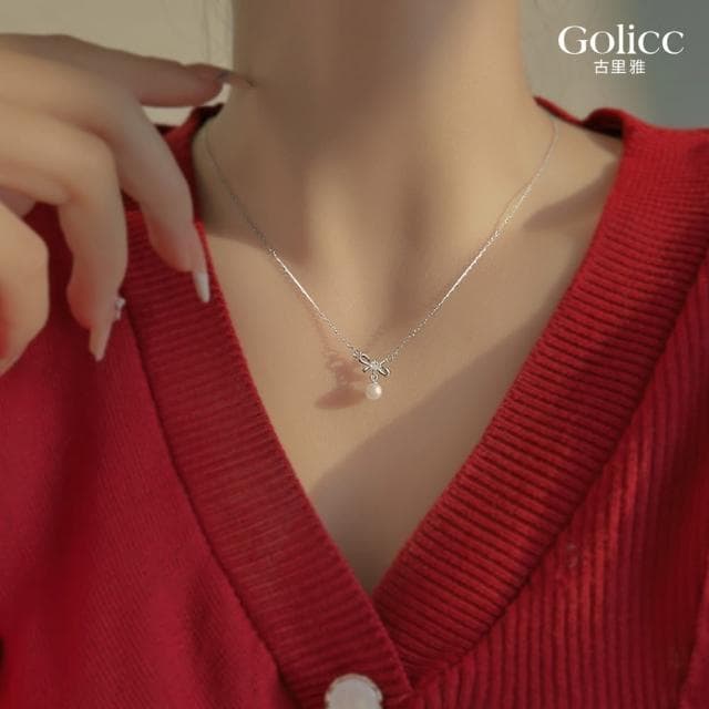【Golicc】項鍊 簡約氣質 小蝴蝶結珍珠(母親節 生日 情人節 鎖骨鍊 項鍊 飾品 禮物)