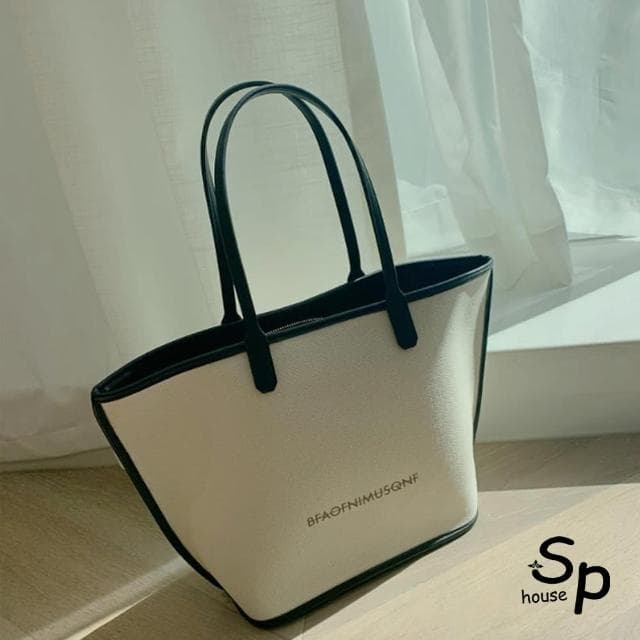 【Sp house】母親節禮物 大容量帆布質感手提包側肩包購物包(米白色)
