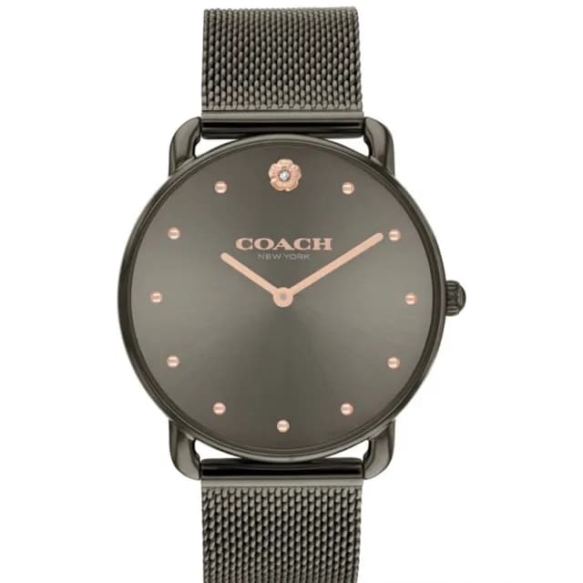 【COACH】官方授權C2 Cadie 典雅山茶花米蘭帶女腕錶-鐵灰-36mm-贈高級9入首飾盒(CO14504210)