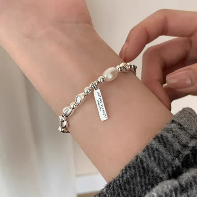 【梨花帶語】韓版簡約不規則銀豆珍珠手鍊(手環 手鏈 韓版 百搭 情人節 鏈條 手繩 不規則 飾品 禮物)