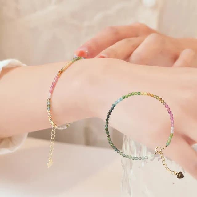 【開運手鏈】ins輕奢小眾極細彩碧璽手鍊(招財 保平安 天然水晶 手環 手珠 手串 女生生日禮物)