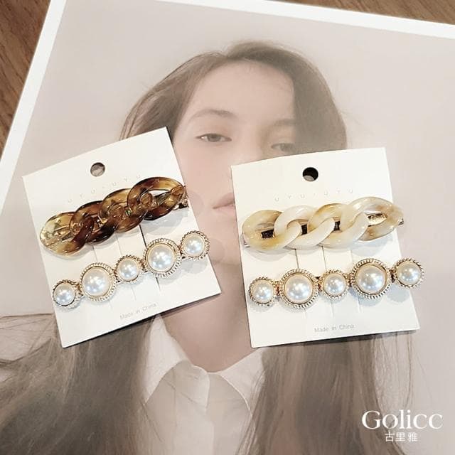【Golicc】髮夾 復古鍊條+氣質珍珠 2入組 瀏海夾(母親節 生日 情人節 髮飾 頭飾 鯊魚夾 抓夾 禮物)