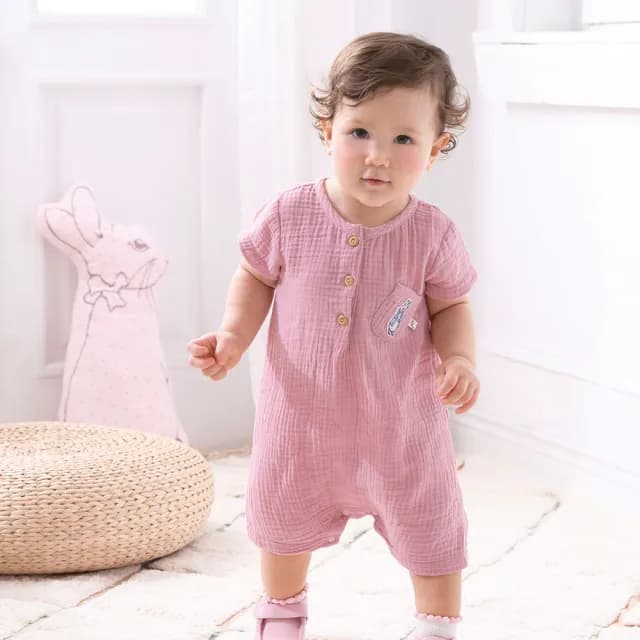 【奇哥官方旗艦】比得兔 嬰幼童裝 彩色比得純棉紗布短袖兔裝/連身衣(6-18個月)