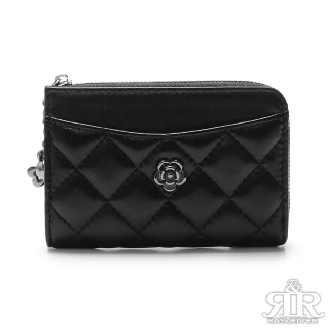 【2R 手工真皮】綿霜羊皮 Sherry 菱格側拉式零錢卡片夾 經典黑(真皮包包 零錢包 卡片夾)