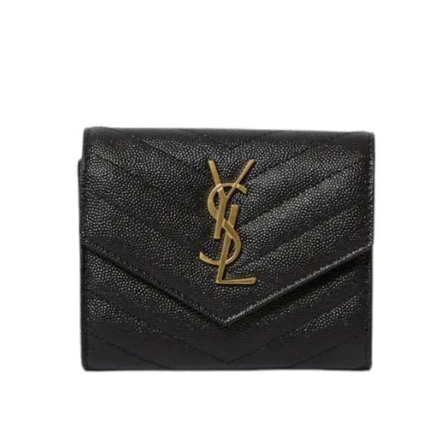 【YSL】SAINT LAURENT Cassandre 荔枝皮 皮革 三折開釦 短夾 卡夾 零錢包 黑色 金色 403943