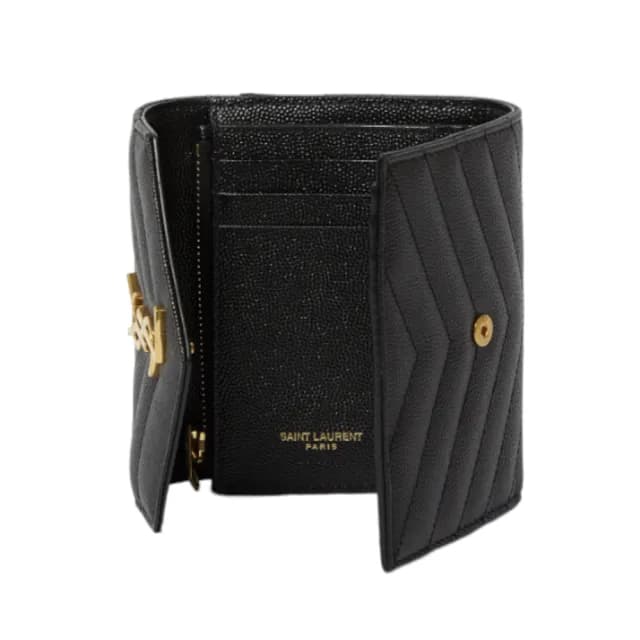 【YSL】SAINT LAURENT Cassandre 荔枝皮 皮革 三折開釦 短夾 卡夾 零錢包 黑色 金色 403943