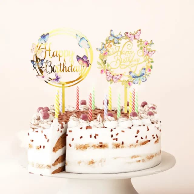 【生日驚喜】質感花系壓克力蛋糕裝飾插牌2入(蛋糕擺件 生日裝飾 甜點小物 慶祝 擺飾 烘焙 拍照道具)