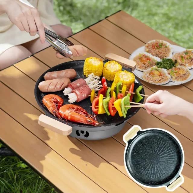【太陽盤】韓式木柄不沾烤盤30cm(麥飯石 露營煎炒 防燙 卡式爐 鐵板燒 煎烤盤 涮肉 燒烤盤 烤肉 中秋節)