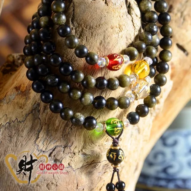 【財神小舖】108珠六字箴言金曜石手鍊/招財/排除負面能量(開運手鍊-已開光/黑曜石金曜石/佛珠/念珠/項鏈)