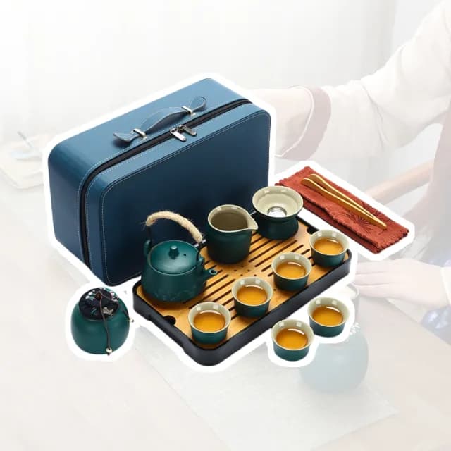 【一方茶席】日式陶瓷茶杯14件套-附防撞箱(商務杯 茶壺 茶罐 茶巾 茶夾 收納包 茶盤 功夫茶具 旅行泡茶)
