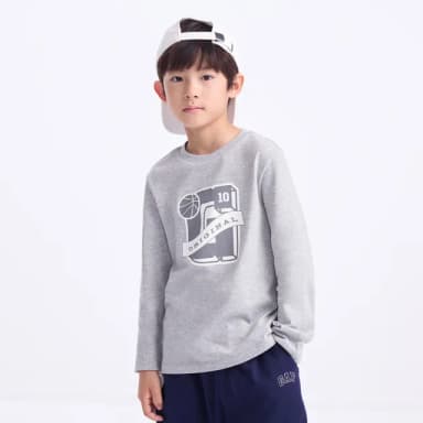 【GAP】兒童裝 Logo純棉印花圓領長袖T恤-灰色(646074)
