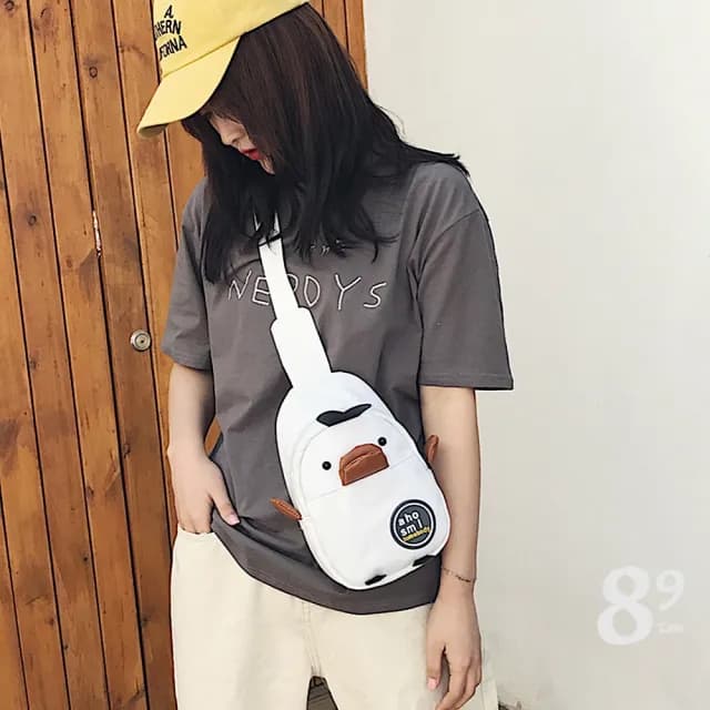 【89 zone】父親節禮物 日系可愛甜心小鴨 單肩包 帆布包 腰包 手提包(黃/黑/白/藍)