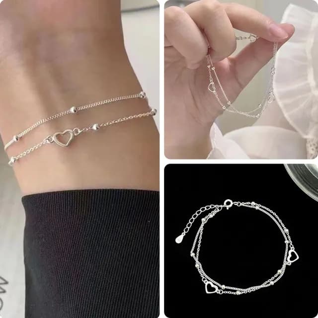 【LEEHER】雙11 女生/純銀手鍊/手鍊女/雙層手鍊/愛心手鍊/ins手鏈/手環/心形/閨蜜手鍊/韓國手鍊