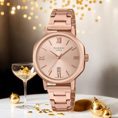 【CASIO 卡西歐】SHEEN 八角形鍊帶女錶 送禮 禮物 推薦(SHE-4554PG-4A)