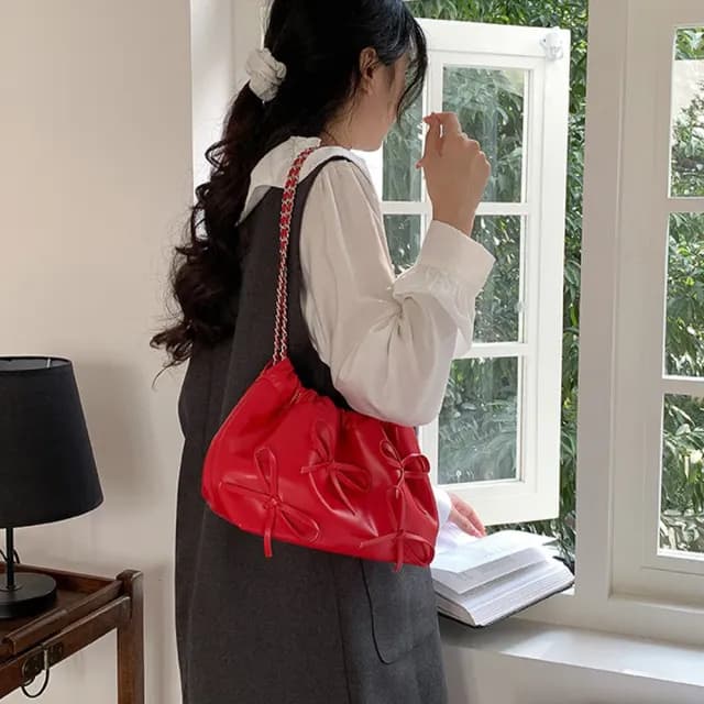 【LEEHER】情人節禮物 七夕 包包/水桶包/肩背包/蝴蝶結包包/鍊條包包/小眾包包/軟皮包/韓國肩背包/可愛包包