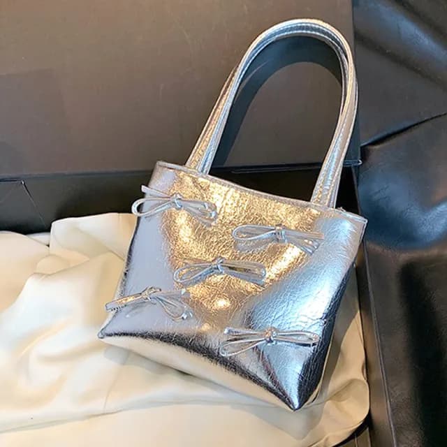 【LEESA】情人節禮物 七夕 蝴蝶結包包\小包包\手提包\斜背包\銀色包包\韓國包包\小方包\葛雷系\可愛包包\小
