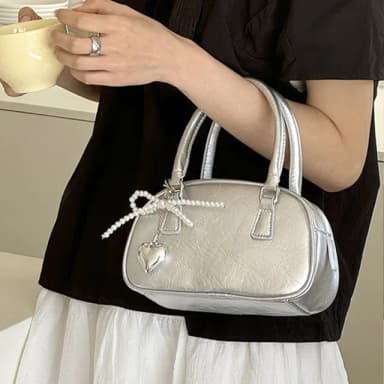 【LEEHER】銀色包包/保齡球包/手提包/閨蜜包包/手提小方包/斜背包/女生禮物/斜背包/小包包/可愛包包