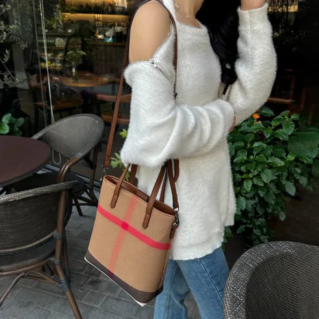 【MoonDy】女生包包 帆布包 大容量托特包 子母手提包 帆布托特包 真皮包包 格子包包 上班包 送長輩 禮
