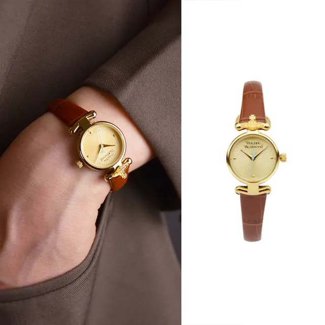 【Vivienne Westwood】金框 金面 放射造型錶盤 棕色皮革錶帶 小錶盤 女錶 23mm 雙11(VV090GDBR)