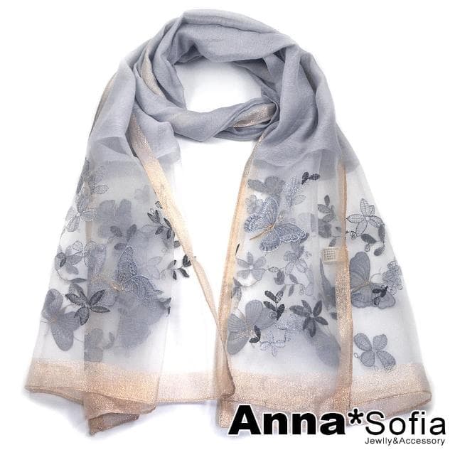 【AnnaSofia】真絲羊毛混紡大尺寸披肩絲巾圍巾-夢蝶紛飛 現貨(淺灰系)