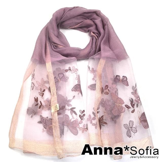 【AnnaSofia】真絲羊毛混紡大尺寸披肩絲巾圍巾-夢蝶紛飛 現貨(藕紫粉系)