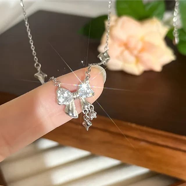【LEESA】純銀項鍊\輕奢項鍊\生日禮物\蝴蝶結項鍊\韓國項鍊\鎖骨鍊\微型項鍊\送閨蜜\送女友\禮