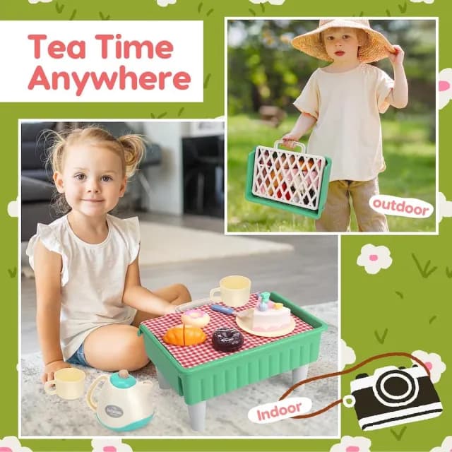 【CuteStone】兒童仿真餐具與切切樂與收納野餐提籃套裝玩具47件組(廚房玩具組 露營玩具 兒童益智玩具)