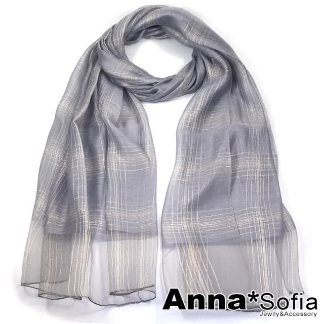 【AnnaSofia】真絲混紡大尺寸披肩絲巾圍巾-朦紗絲線格 現貨(淺灰系)