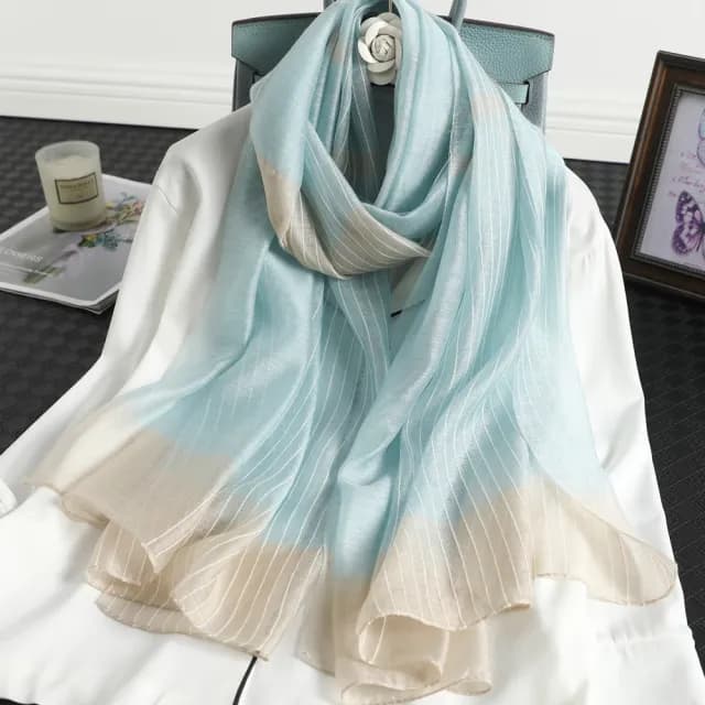 【AnnaSofia】真絲羊毛混紡大尺寸披肩絲巾圍巾-粉彩直條紋拼色 現貨(藍系)