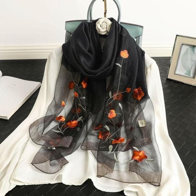 【巴黎精品】現貨+預購 真絲絲巾羊毛圍巾(金邊山茶花刺繡桑蠶絲女配件3色a1gt8)