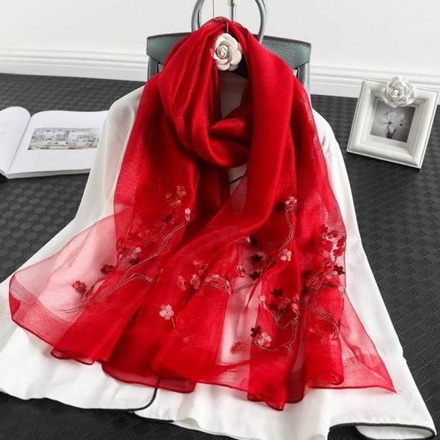 【巴黎精品】現貨+預購 真絲絲巾羊毛圍巾(平紋花枝刺繡桑蠶絲女配件7色a1gt40)