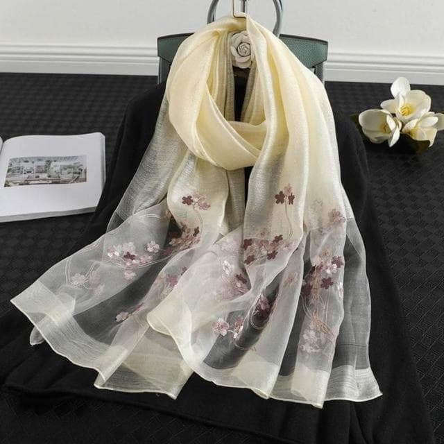 【巴黎精品】現貨+預購 真絲絲巾羊毛圍巾(平紋花枝刺繡桑蠶絲女配件7色a1gt40)