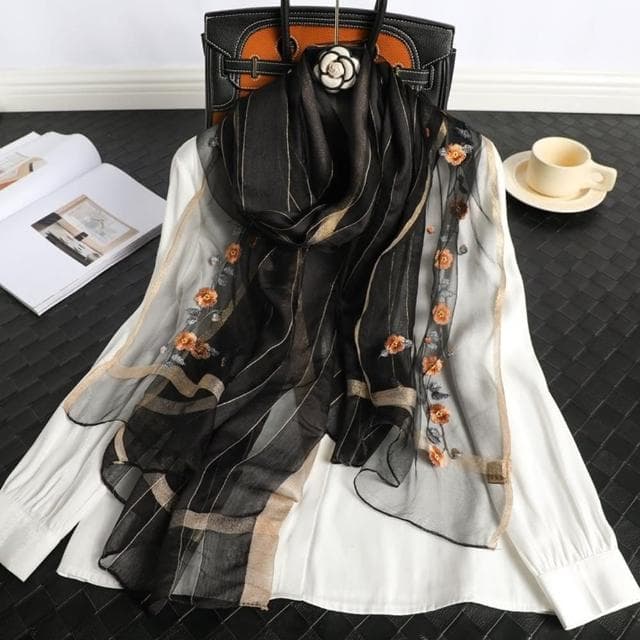 【巴黎精品】現貨+預購 真絲絲巾羊毛圍巾(桑蠶絲花卉刺繡紗巾女配件7色a1gt29)
