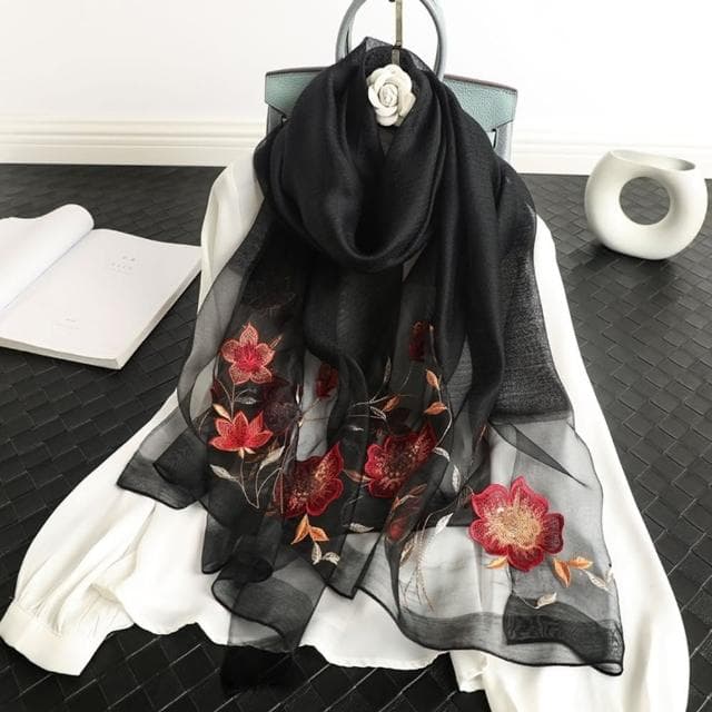【巴黎精品】現貨+預購 真絲絲巾羊毛圍巾(蘭花刺繡桑蠶絲薄款女配件9色a1gt38)