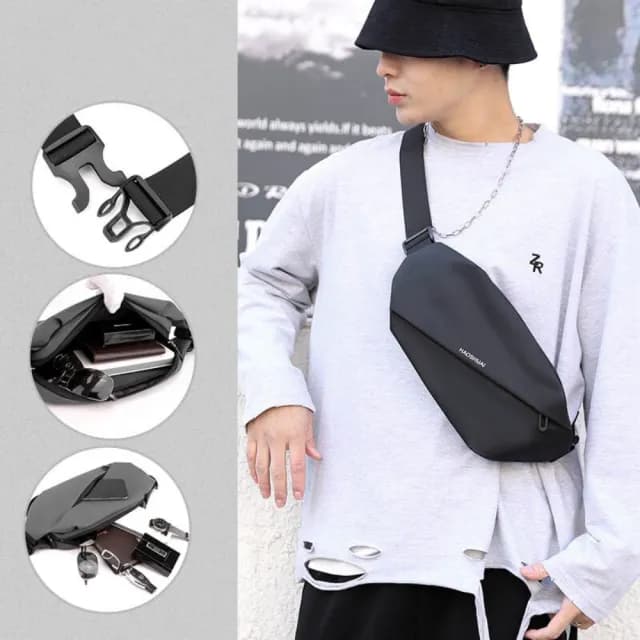  父親節禮物 男士休閒灰色單肩斜挎包 (腰包戶外跑步手機包多功能大容量胸包)