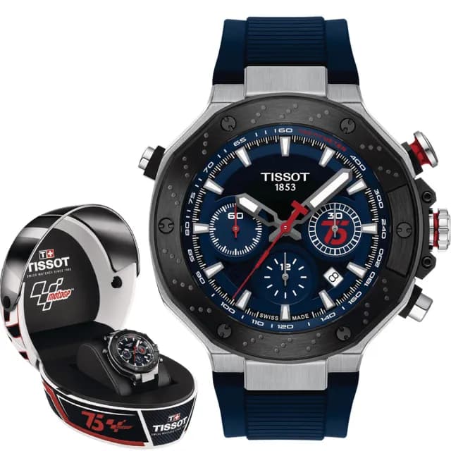 【TISSOT 天梭 官方授權】MOTOGP 75周年2024限量三眼計時機械錶-45mm 男錶 父親節禮物(T1414272704100)