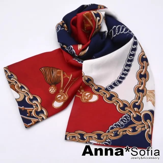 【AnnaSofia】仿絲領巾絲巾圍巾-歐美鎖鏈 窄版緞面 現貨(紅藍系)