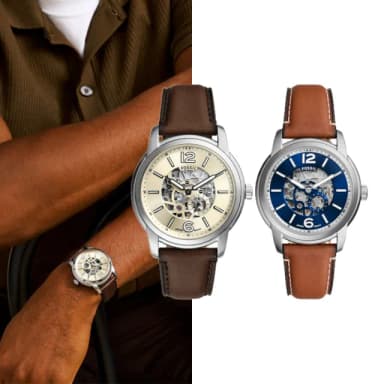 【FOSSIL 官方旗艦館】Heritage系列 復古鏤空機械手錶 真皮錶帶 43MM(2色可選)