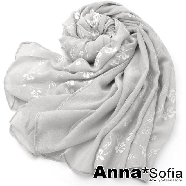 【AnnaSofia】柔軟棉麻感披肩圍巾-蕾絮絨花 現貨(灰系)