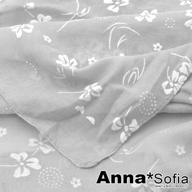 【AnnaSofia】柔軟棉麻感披肩圍巾-蕾絮絨花 現貨(灰系)