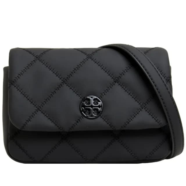 【TORY BURCH】專櫃款WILLA小香風菱格紋迷你斜背包腰包三用包(霧黑)
