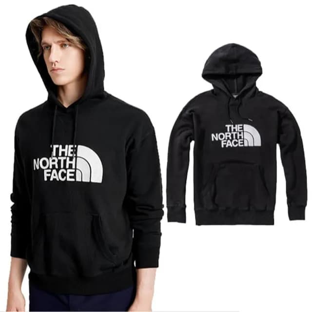【The North Face】中性款 經典大LOGO 彈性長袖可調節保暖連帽上衣.T恤_袋鼠式插手袋(4NEQ-JK3 黑 V)