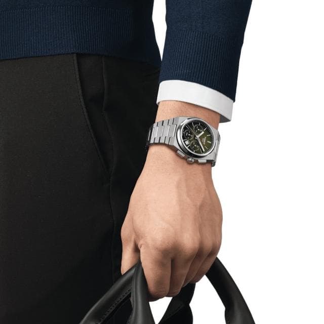 【TISSOT 天梭 官方授權】PRX系列 復古風酒桶型三眼計時機械錶-41.5mm/綠 情人節 禮物(T1374271109100)